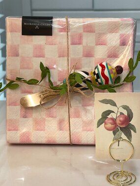 MacKenzie-Childs Rosy Check Napkin and Spreader Gift Set-NEW